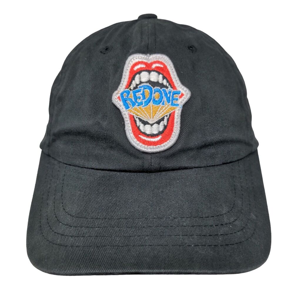 Re/Done Slideback Hat Black Embroidered Lips Logo 100% Cotton Adjustable